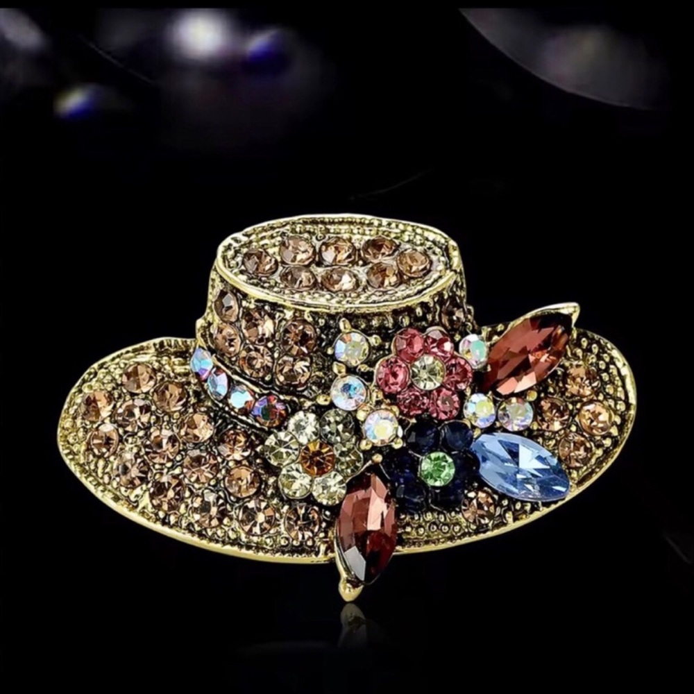 Crystal Embellished Hat Brooch - Multicolor